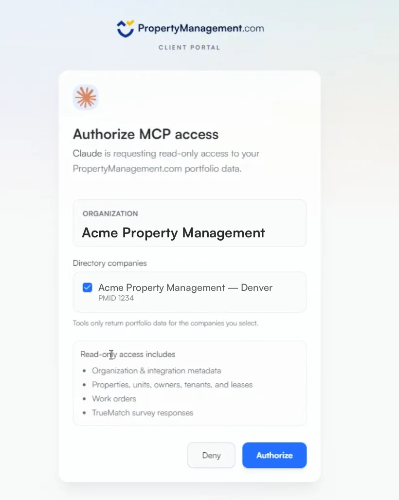 Authorize MCP access page for Acme Property Management with one directory company ticked and the read-only access list