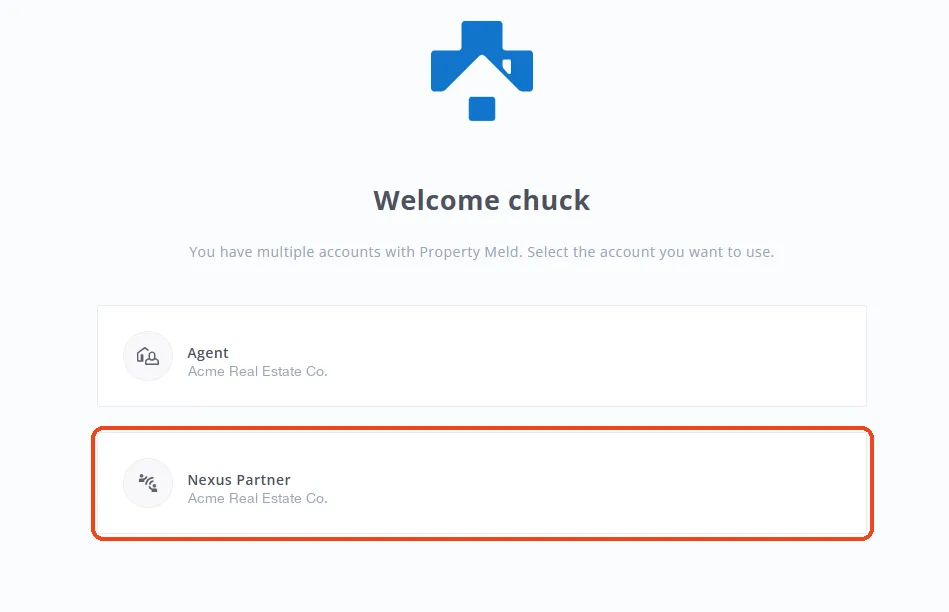Property Meld account chooser with the Nexus Partner account highlighted