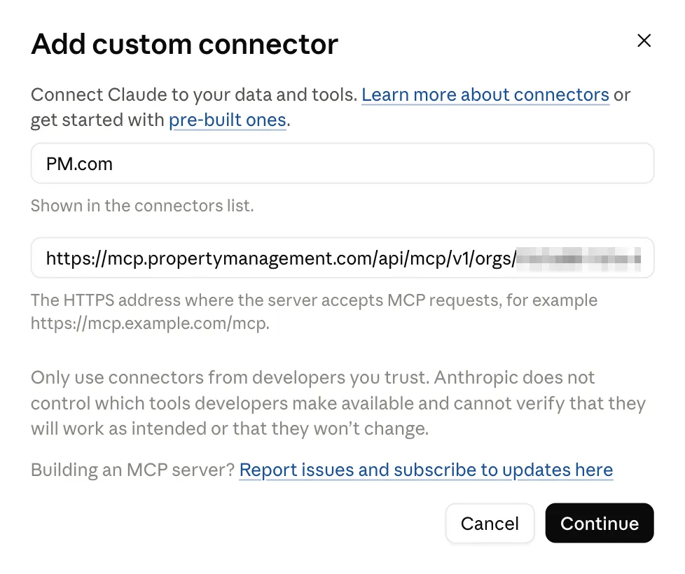 Add custom connector window with PM.com as the name and the PropertyManagement.com MCP URL pasted (organization id blurred)