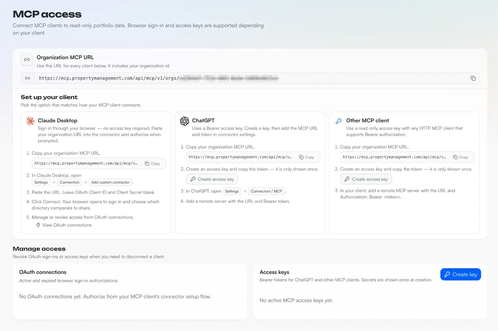 The MCP access page in the Client Dashboard, with the Organization MCP URL at the top (organization id blurred)