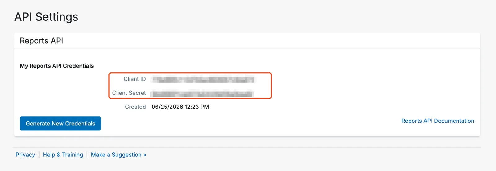 AppFolio API Settings page with the Client ID and Client Secret boxed