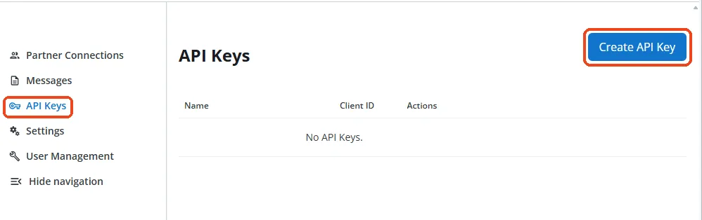 Property Meld API Keys page with the API Keys menu item and the Create API Key button marked