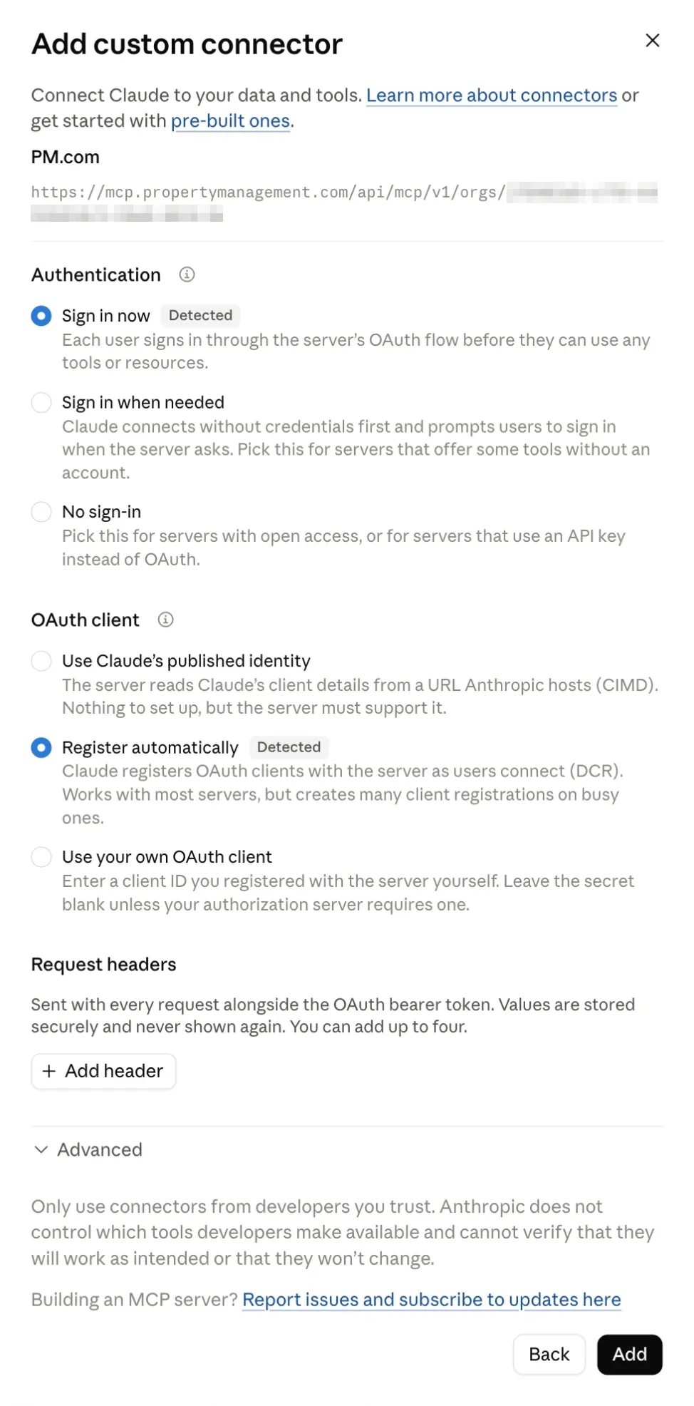 Authentication settings with Sign in now and Register automatically marked Detected