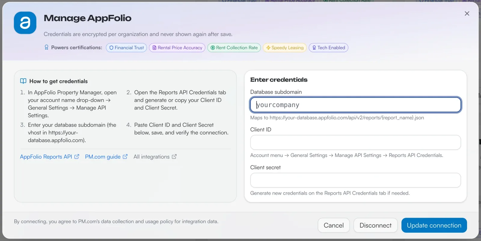 The AppFolio connection modal in the PropertyManagement.com Client Dashboard