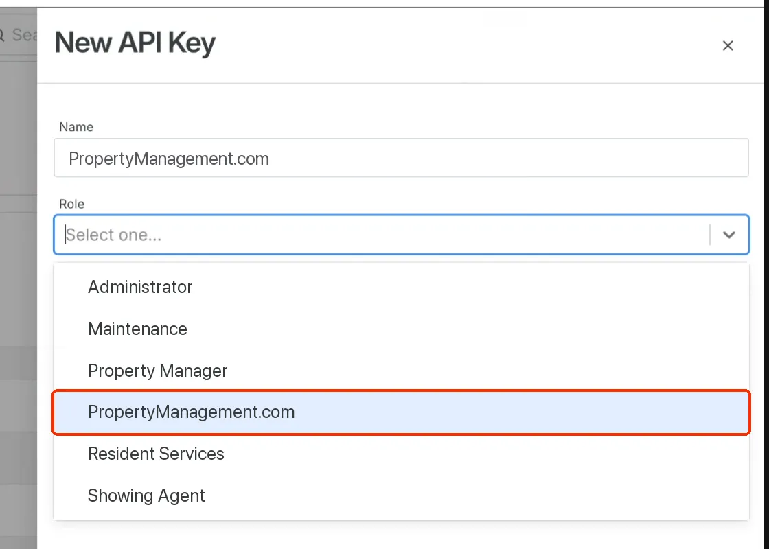 Rentvine New API Key window with the PropertyManagement.com role selected in the Role menu