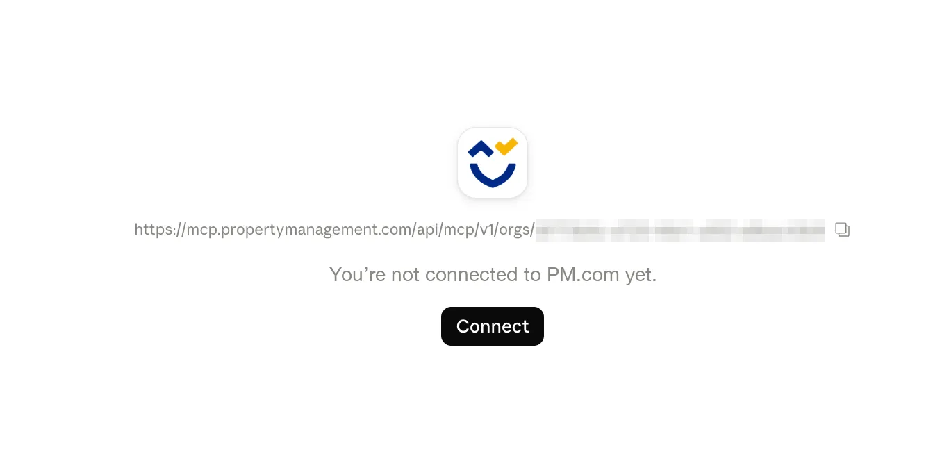 The new PM.com connector in Claude, not connected yet, with the Connect button (organization id blurred)