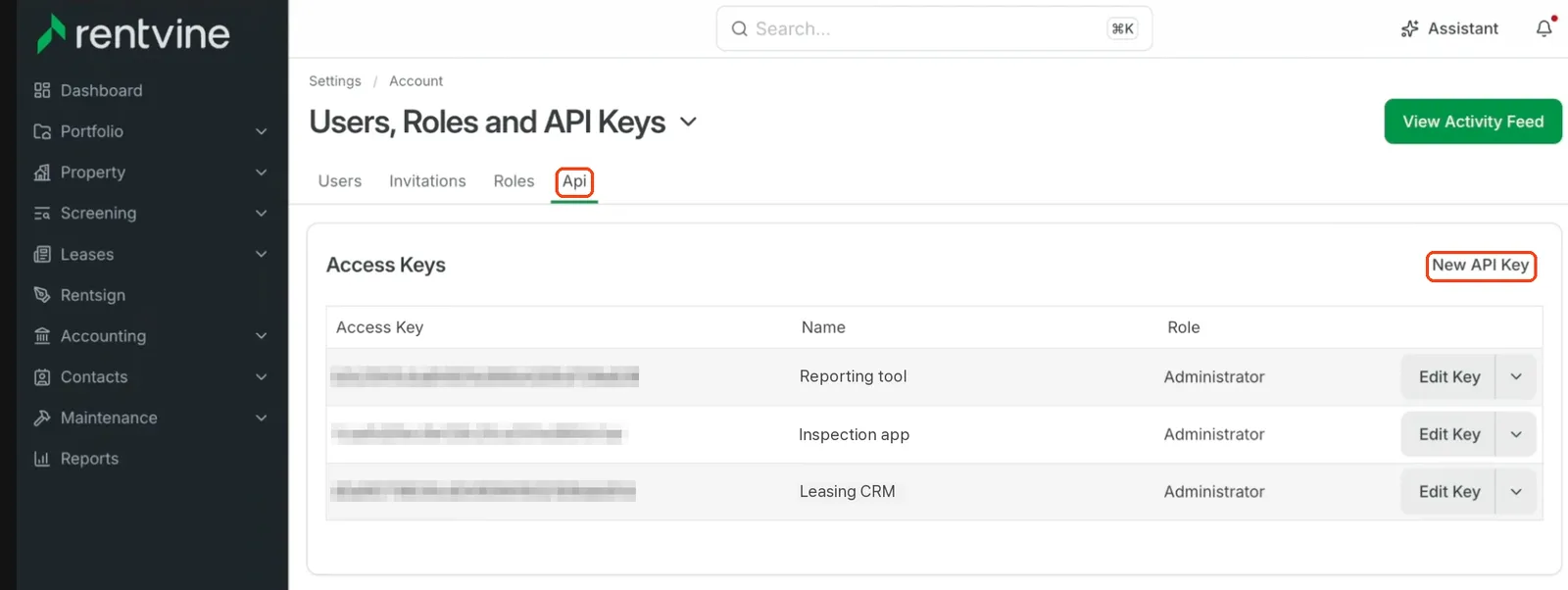 Rentvine Api tab with the Api tab and the New API Key button marked