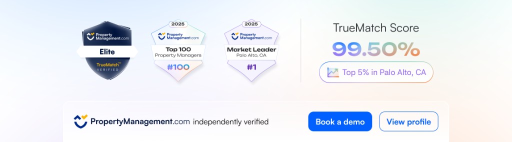 TrueMatch widget on a property manager site: verification badges, score, and actions